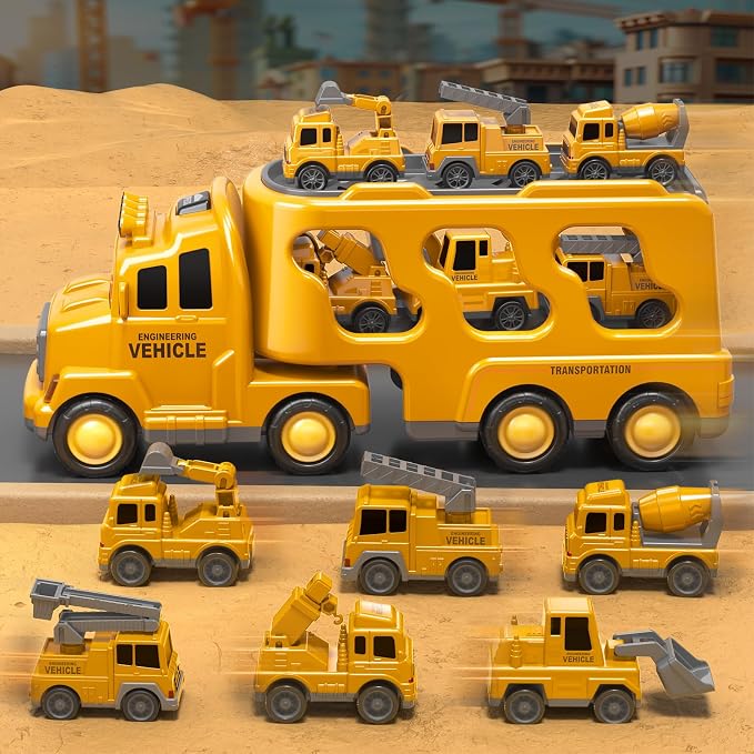 Beby Buty 7 in 1 Construction Trucks Cars for Toddlers 3-5, Boy Toddler Car Truck Toys with Light Sound, Birthday Gifts for 3 4 5 6 Year Old Boy