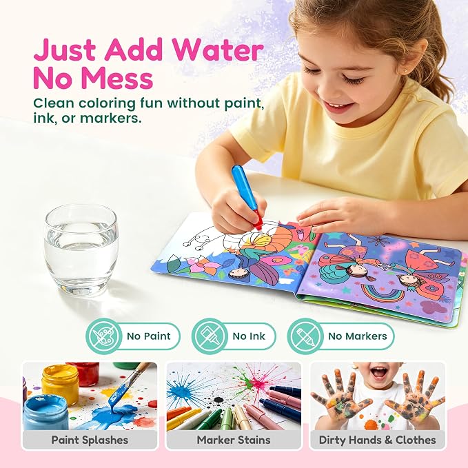 JoyCat Paint with Water Coloring Book for Toddlers, Reusable (Fairy) | Water Coloring Books with Water Pens, No Mess Travel Toy for Kids to Develop Creativity,Educational Learning Kits Gifts