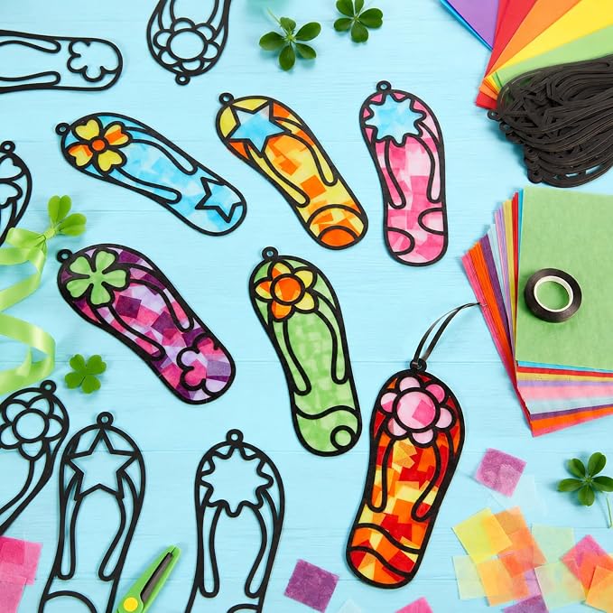 Qyeahkj 36 Set Flip Flops Suncatchers Craft for DIY Summer Tropical Luau Tissue Paper Craft Kit Hawaii Beach Slipper Stained Glass Window Ornaments Decoration for Home Art Project Party Favor Gift