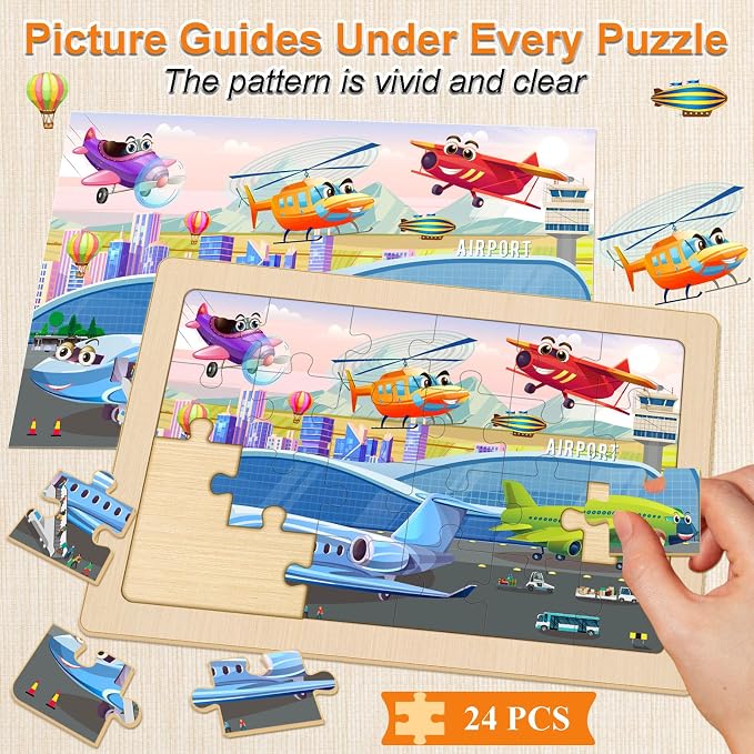 Wooden Puzzles for Kids Ages 4-6, 4 Pack 24 Pcs Toddler Puzzles Set for Ages 3-5, Educational Learning Toys Gift for Boys Girls 3 4 5 6 Year Old, Vehicle Transport Construction Car