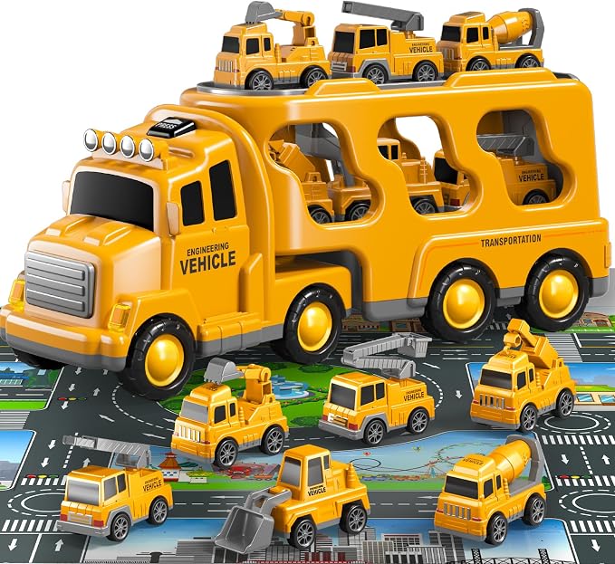 Beby Buty 8 in 1 Construction Trucks Cars Toys for Toddlers 3-5, Boy Toddler Car Truck Toys with Playmat and Light Sound, Birthday Gifts for 3 4 5 6 Year Old Boy