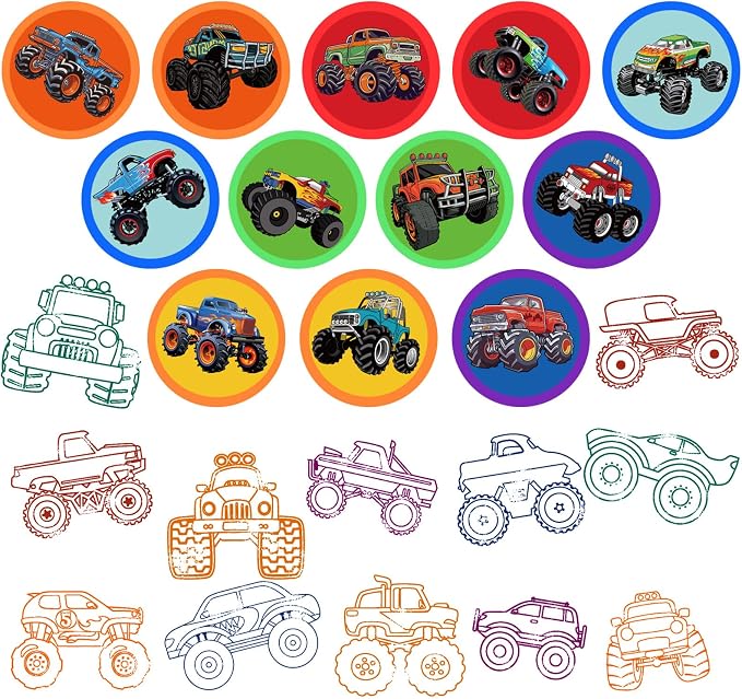 Cinrobiye 24 Pcs Monster Truck Stampers Party Favor Set, Cute Racing Truck Stamps for Kids Birthday Party, Classroom Rewards, Goody Bag Fillers, Car Racing Party Supplies, Monster Truck Themed Toys