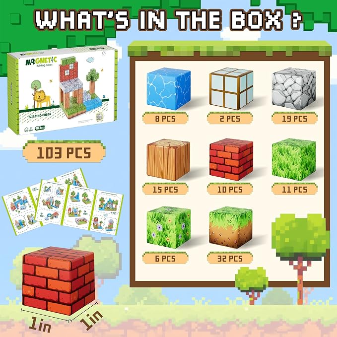 Magnetic Blocks 103PCS 1 inch Magnetic Building Blocks, Magnet Tiles Stacking Cubes Toy for Kids Build Forest World Set, STEM Game Toys for Boys Girls Age 3 4 5 6 7 8 Year Old Christmas Birthday Gifts