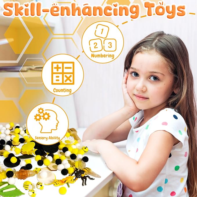 Hiawbon Bee Sensory Bin Fillers Bee Sensory Bin for 3+ Year Old | Bee Hive Montessori Toys for Toddlers, Counting Sorting Toys for Kids Honeycomb Fine Motor Toys for Early Learning