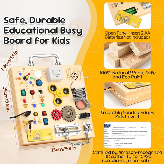 Montessori Busy Board for Toddlers, Sensory Activity & LED Lights Switches | Wooden Busy Board with Music Boxes & Locks & 17 LED Lights, Travel Educational Toy, Birthday Gift for Boys & Girls