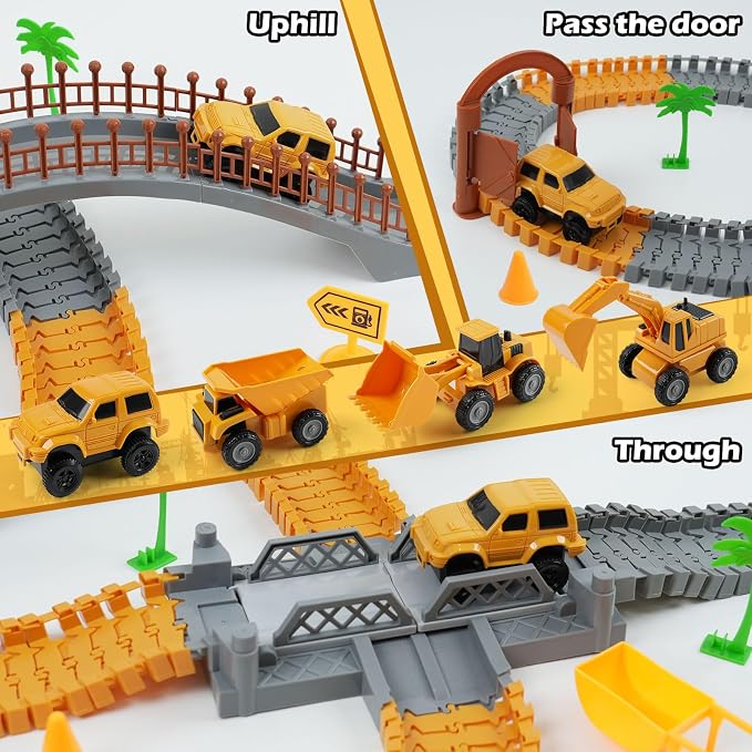 Construction Race Car Track Set for Kids - Flexible Engineering Toys with 2 Electric Cars, Birthday Gift for 3 4 5 6 7 Year Old Boys, DIY Road Games Playset with 220+ PCS