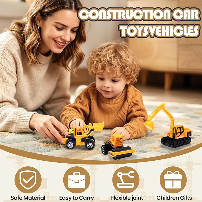 Oriate Diecast Small Toy Construction Vehicles, 6PCS Construction Toys Set | Bulldozers Forklift Excavator Alloy Construction Trucks, mini Toy Cars Model for Kids 3-5, Boys Girls Birthday Christmas Gift