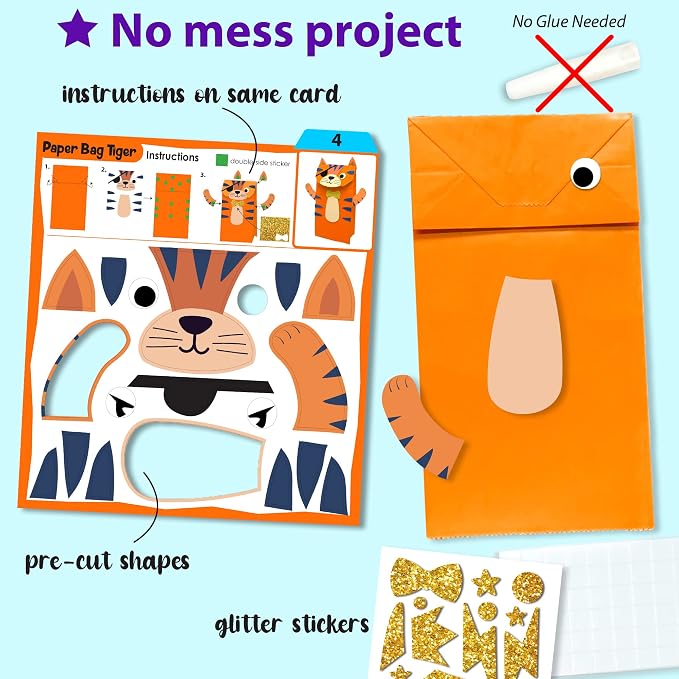 KRAFUN Safari Animal Beginner Paper Craft Kit for Kids Age 3+ | 16 Projects | 16 projects with paper bags, plates & rolls. Lion, Tiger, Giraffe & Elephant themes. Activity for boys & girls