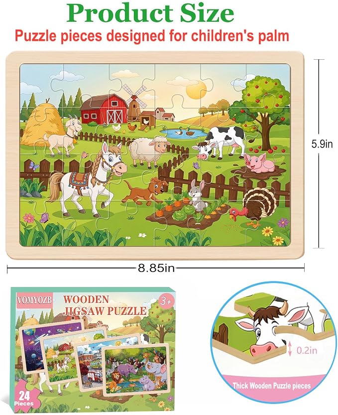 Puzzles for Kids Ages 4-6, 24 Pcs Wooden Farm, Animals, Space, and Emergency Vehicle Jigsaw Puzzles for Kids Ages 3-5, Preschool Educational Puzzles Boards Toys Gifts for 3 4 5 6 Boys Girls