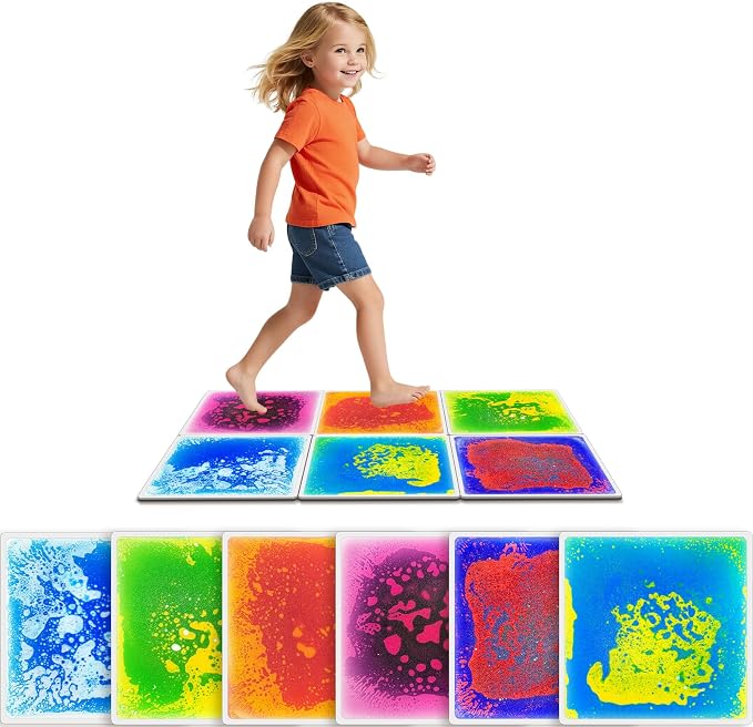 Liquid Sensory Floor Tiles for Kids Ages 3+, 12" Step-On Tiles with Non-Slip Base, Interactive Color-Flow, Assorted Colors, Classroom Sensory Path Set (6-Pack)