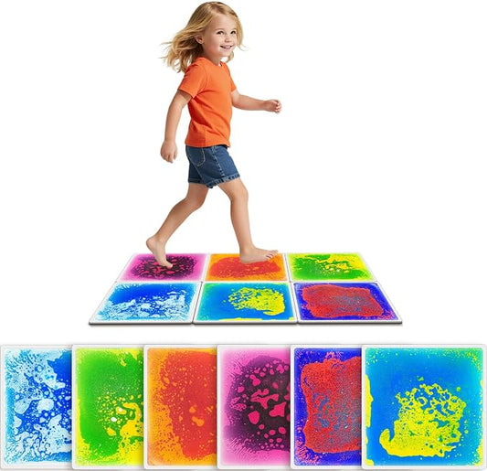 Liquid Sensory Floor Tiles for Kids Ages 3+, 12" Step-On Tiles with Non-Slip Base, Interactive Color-Flow, Assorted Colors, Classroom Sensory Path Set (6-Pack)