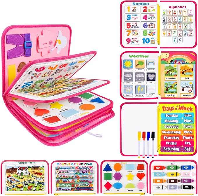 Toddler Busy Board, Montessori Busy Book, Quiet Educational Activity Book | 12-Page Learning Sensory Toys for Motor Skills, Toddlers Travel Toy for Car Airplane, Girl Kids Birthday Gifts (Pink)