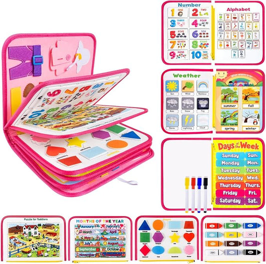 Toddler Busy Board, Montessori Busy Book, Quiet Educational Activity Book | 12-Page Learning Sensory Toys for Motor Skills, Toddlers Travel Toy for Car Airplane, Girl Kids Birthday Gifts (Pink)