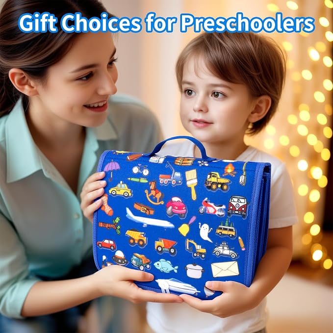Toddler Busy Board, Montessori Busy Book, Quiet Educational Activity Book | 12-Page Learning Sensory Toys for Car Airplane, Toddlers Travel Toy for Motor Skills, Birthday Gifts for Boy Girl Kids (Blue)