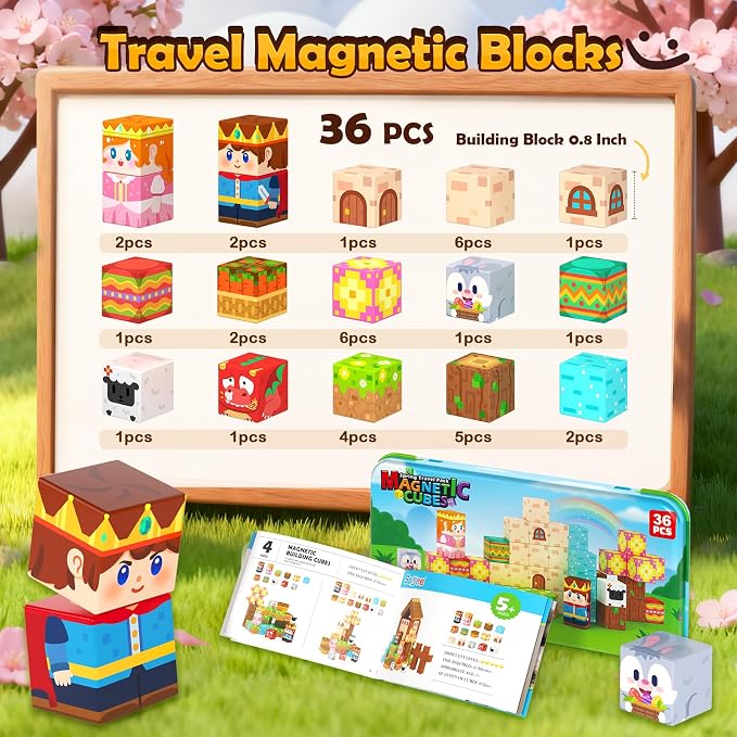 Mini Magnetic Blocks, Portable Building Cubes Travel Toys for Kids Ages 4-8 | STEM Construction Learning Set with Case for Toddlers, Build Mine Magnet World, Christmas Birthday Gift for Boys Girls 3-5