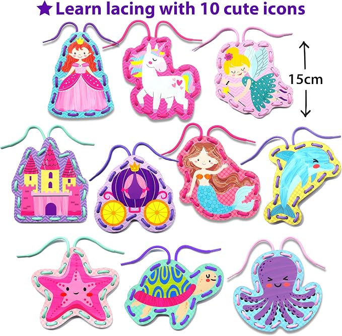 KRAFUN Princess, Unicorn & Mermaid Lacing Cards Age 3+ | 10 Projects | 10 princess, unicorn & mermaid cards. Castle, Fairy, Crown, Seahorse & Starfish. Builds fine motor skills in girls
