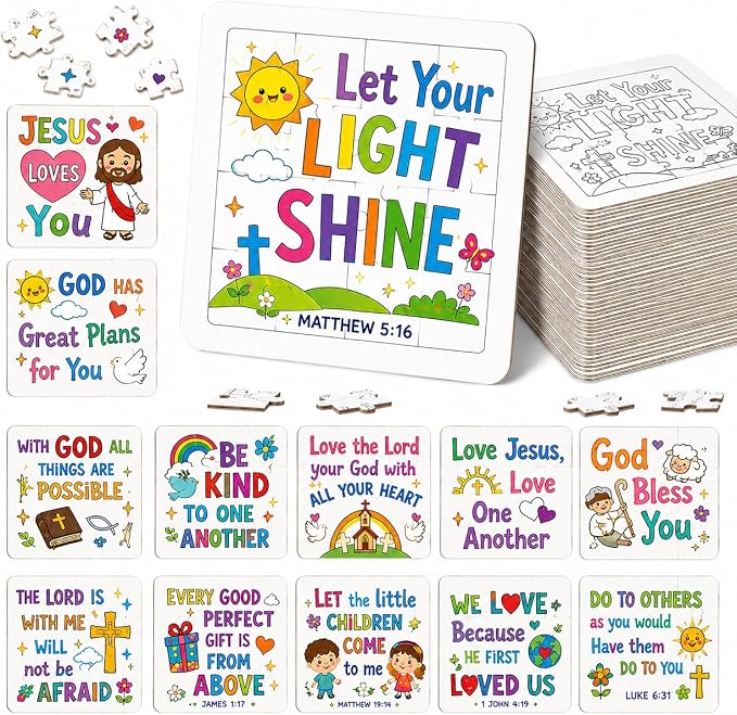 Cinrobiye 24 Pcs Christian Coloring Jigsaw Puzzle Crafts Bulk DIY Religious Inspirational Bible Activities Jesus Loves You Faith Art Projects for VBS Sunday School Church Party Favors
