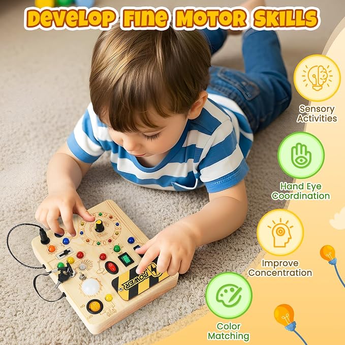 Busy Board, Montessori Toys for 1+ Year Old, Busy Board with 13 Led Light, Wooden Toddler Educational Travel Toy, 1 Year Old Boy&Girl Gifts