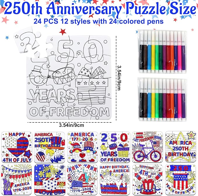 24 Sets 250th Anniversary 4th of July Crafts for Kids, Patriotic Crafts Activities DIY Puzzle Kits Red White Blue Star Flag Independence Day Memorial Day Jigsaw Painting Art gift Party Favors Supplies
