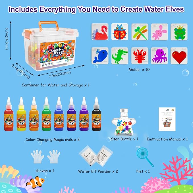 Kiditos Color-Changing Magic Water Elf Kit for Kids, DIY Craft Kit | 8 Gels & 10 Molds, Magic Aqua Fairy Water Gel Kit, STEM Science Activity, Party Favors & Birthday Gifts for Kids Ages 3+