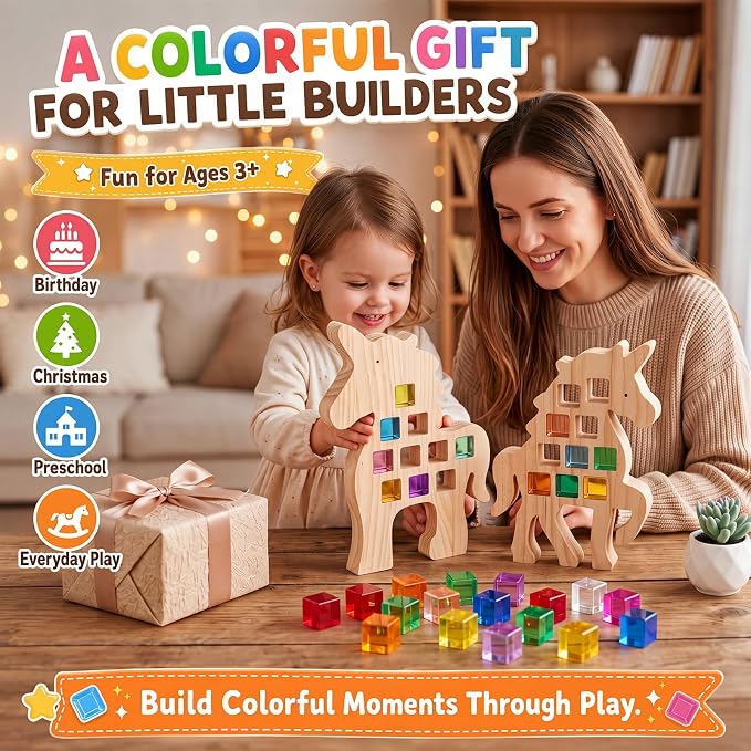Soulchen Kids Wooden Building Block Set, 20 Rainbow Gem Cube Stacking Blocks - 2 Unicorn Skeletons, Montessori Toddler Stacking Toy, Learning Educational Toy Sensory Gift for Boys Girls