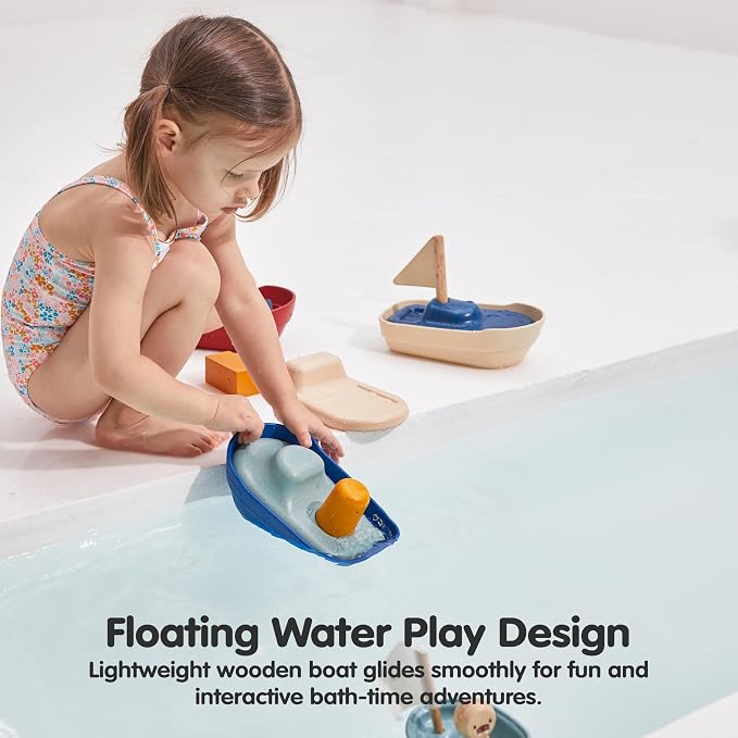 PlanToys® Tugboat Wooden Bath Toy, Floating Boat Fine Motor Imaginative Play