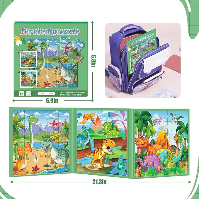 Magnetic Puzzles for Toddlers 3-5 Dinosaur Puzzle Travel Toys for Kids | Jigsaw Puzzles for Kids 75-Pieces Travel Toys Dinosaur Puzzles Ages 4-6 Road Car Trip & Airplane