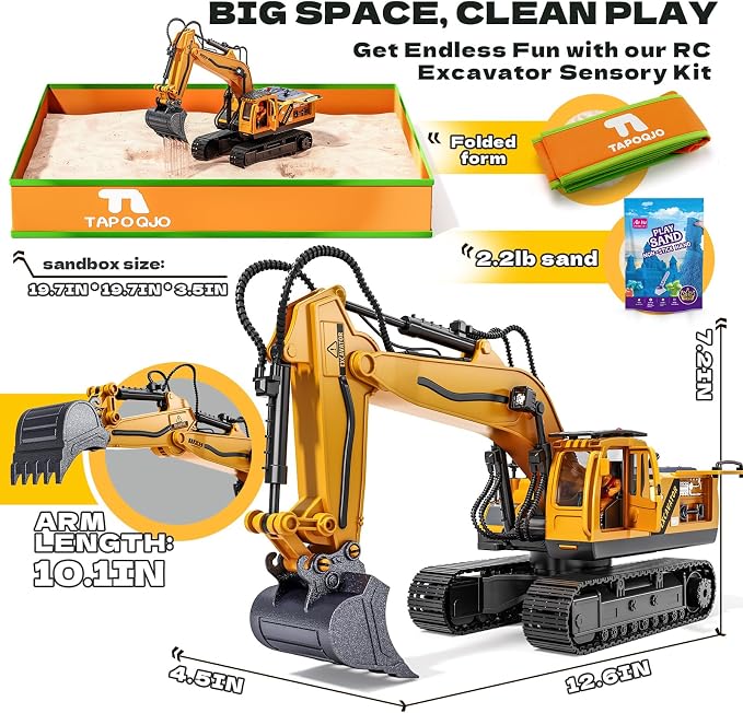 RC Excavator Toys for 3 4 5 6 7 8 Year Old Toddler Boys, 15 Channel Remote Control Construction Toys W/Sandbox & 2.2 lb Sands, Sandbox Toys W/Light & Sound, Birthday Gift for Kids Boys Age 4-6