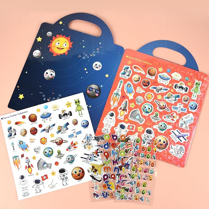 Space Sticker Book Toys, Travel Car Airplane Activities Gifts for Kids | 88 pcs Reusable Sticker,Waterproof Jelly Stickers, Portable Travel Toys,Educational Sensory Learning Toy,Gift for Boy Girl