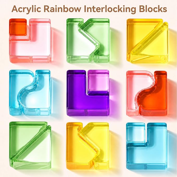 Rainbow Building Blocks for Kids, Montessori Color Matching Block Toys 3-6 | 18 PCS Acrylic Color Sorting Game, Montessori Stacking Toy for 3 4 5 6 Year Old,Educational STEM Creative Toys for Boy Girl
