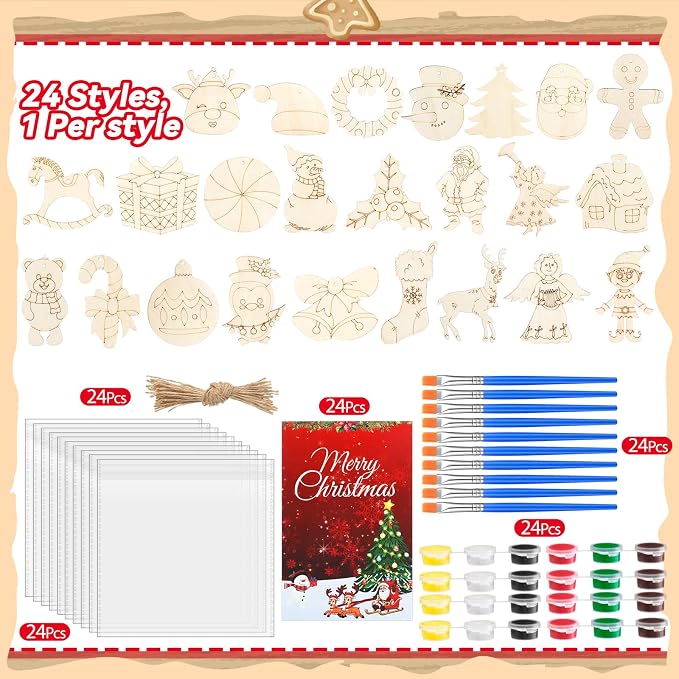 Saypacck 24 Pcs Christmas Party Favors Wooden Paint Craft Kits | DIY Painting Crafts with Brush Organza Bags, Christmas Stocking Stuffer Gifts, Festive Ornament Shapes