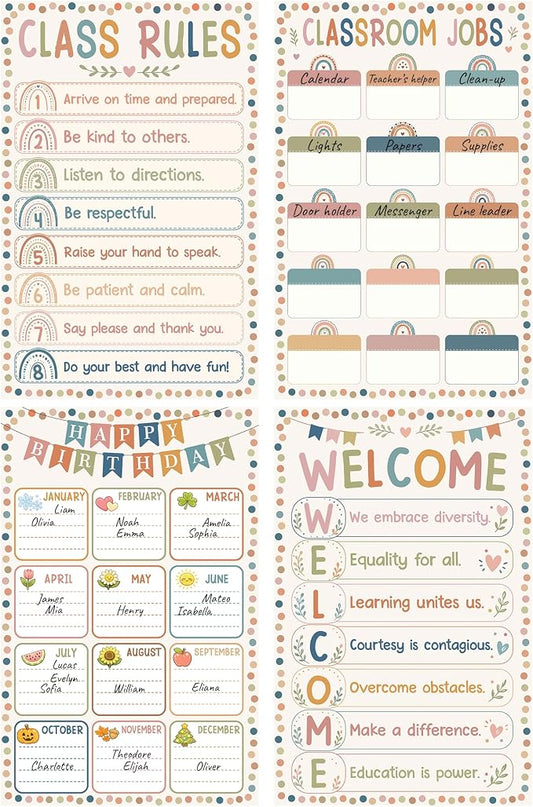 Classroom Jobs & Classroom Rules Poster Set, 4 Classroom Posters Elementary with Birthday Chart & Welcome Poster, Preschool Posters Laminated Style, Classroom Decor for Kindergarten Teacher