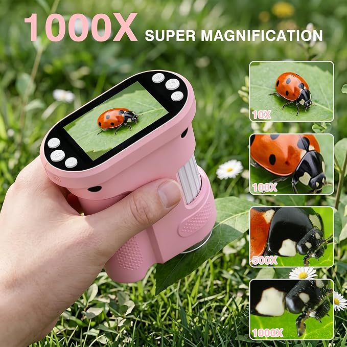 Kids Digital Microscope, 1000X Handheld Pocket Microscope STEM Science Toy | 2.0" IPS Screen, 8 LED Lights, Photo & Video Capture, Rechargeable Design, Educational STEM Gift for Kids Ages 3-12