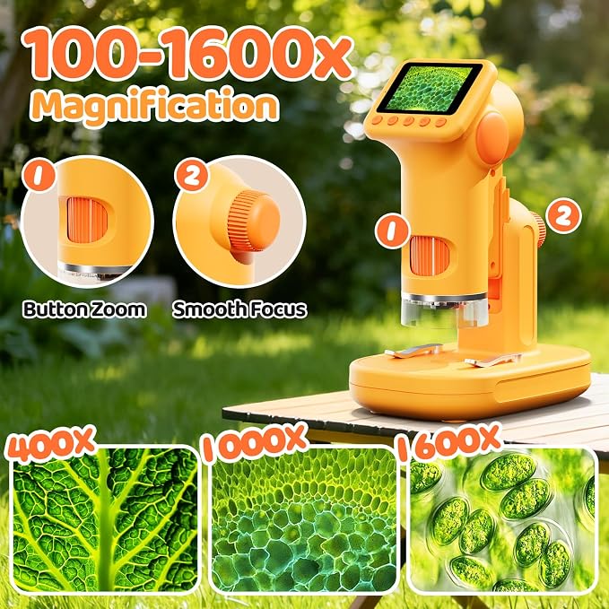 1600X Microscope for Kids, 2.0" Screen Kids Microscopes with Slides Kit Microscope for Toddlers Christmas Birthday Gifts Toys for 3-14 Year Old Children Students (Yelllow)