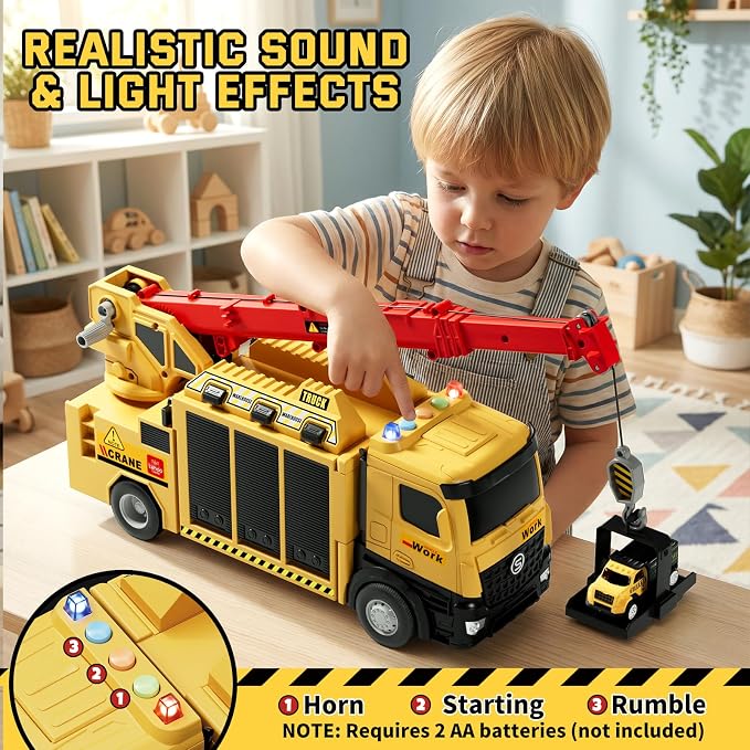 Lehoo Castle Construction Crane Truck Toys for Boys 3 4 5 Year Old | Construction Vehicles, Realistic Light & Sound, Crane Truck Toys, Birthday Gifts for Toddlers 3+