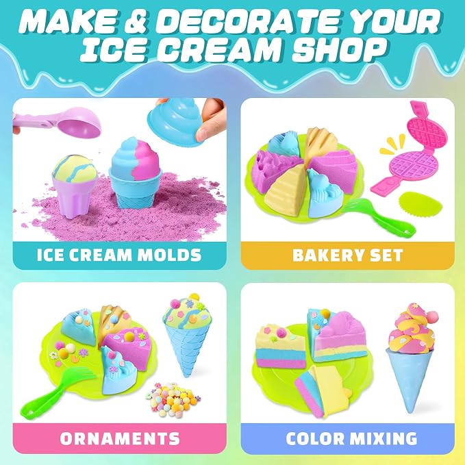 Sensory Bin - Baking & Ice Cream Making Set with 3.3lb Play Sand Kit, Waffle Cake Molds and Sand Tools, Ice Cream Toy Shop, Gifts for Girls & Boys | 3.3lb Play Sand, Waffle Cake Molds, Ice Cream Shop Playset, Creative Baking Toy, Fine Motor Skills, Gif...