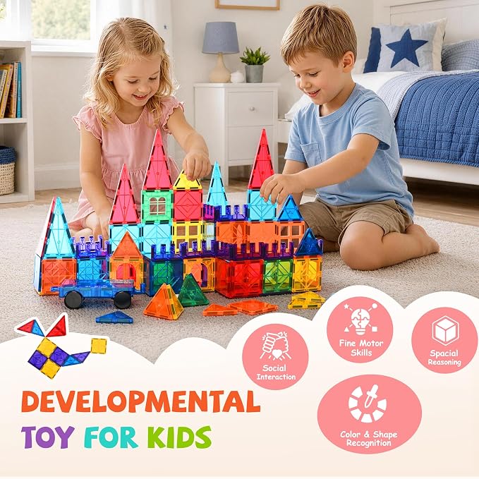 cossy 220Pcs Magnetic Tiles Magnetic 3D Building Blocks Set, Construction Toys for 3 4 5 6 7 8 Year Old Boy and Girl with Stronger Magnets, Educational Toys, Recreational, Conventional