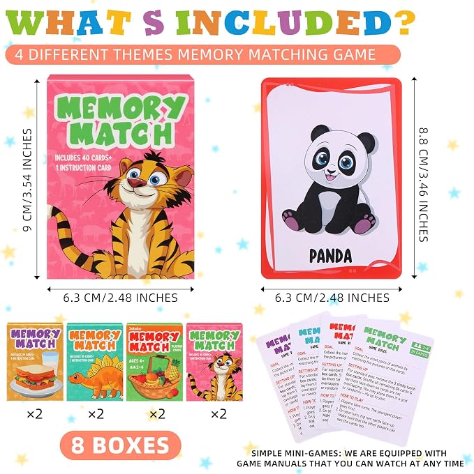 Zubebe 8 Sets Memory Matching Card Game Ages 8+, Family Party Game,Style 1 | Learning Toy with Animal Dinosaur Food Themes, Ideal for Family Night Classroom Prizes Party Favors, Builds Memory Skills