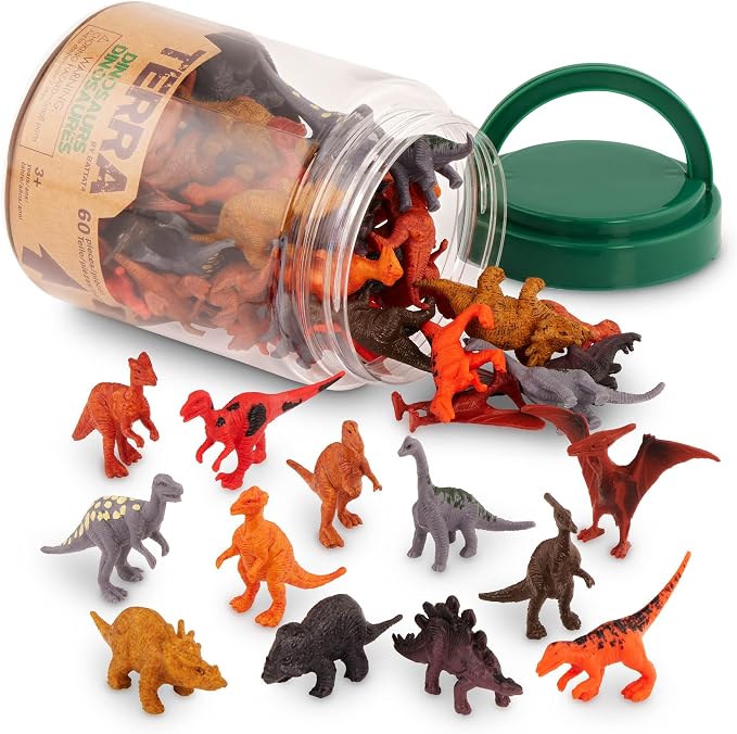 Terra by Battat Dinosaur Figures Tube, 60 Mini Plastic Dino Animals, Tubes | 60-piece mini dinosaur figures in a portable tube with 12 assorted dinosaur styles for play, collecting, crafts, 3+ Years