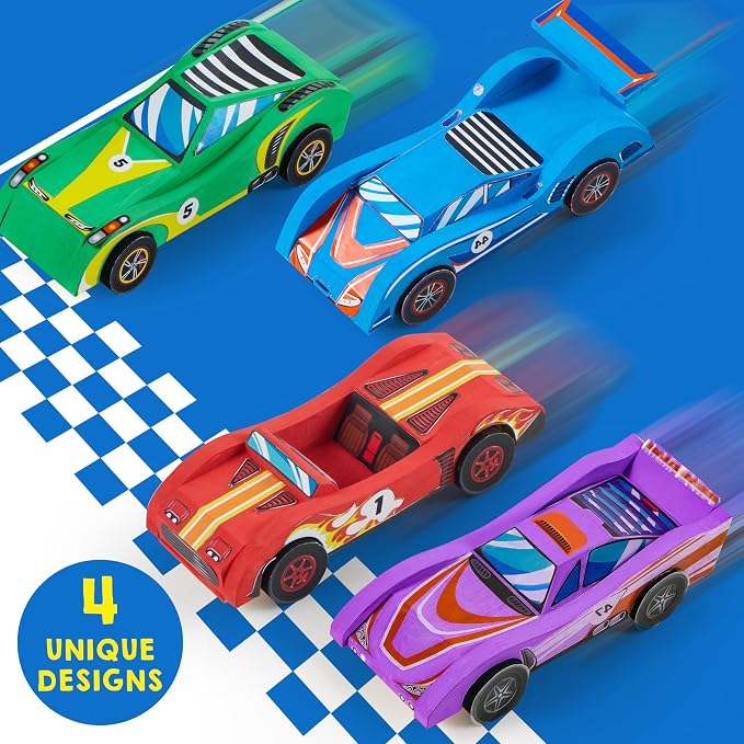 Klever Kits 4 DIY Wooden Race Cars-Build & Paint Your Own Wood Craft Kit, 4 Race Cars Toy, Easy to Assemble Arts Crafts Kit, Birthday Party Presents for Kids Boys and Girls (Pack of 3)