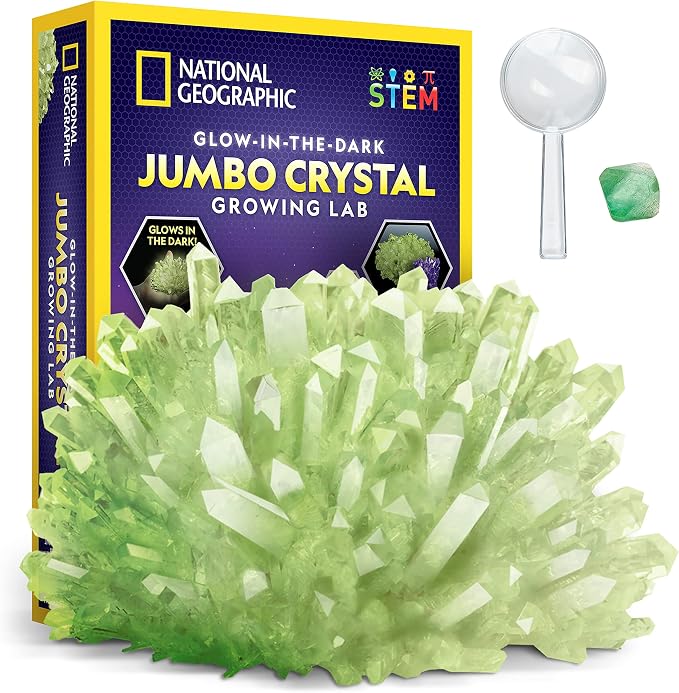 National Geographic Jumbo Glow-in-the-Dark Crystal Growing Kit for Kids | Grow a Giant Glow-in-the-Dark Crystal in Days, Crystal Chemistry Experiment, Science Activity, STEM Learning, Birthday Gift