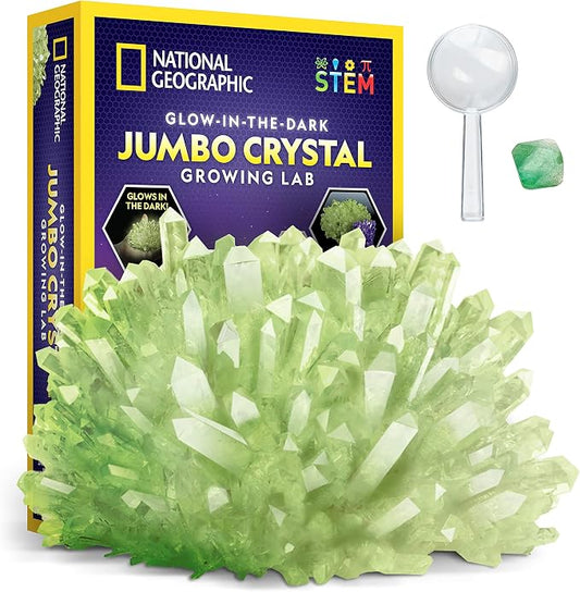 National Geographic Jumbo Glow-in-the-Dark Crystal Growing Kit for Kids | Grow a Giant Glow-in-the-Dark Crystal in Days, Crystal Chemistry Experiment, Science Activity, STEM Learning, Birthday Gift