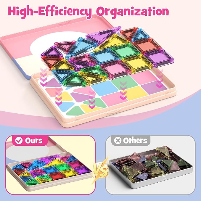 WMDXU Travel Magnetic Tiles Set : 42PCS Travel Set with Iron Box for Girls | Sensory Building Blocks, Bright Colors & Shapes Boost, Iron Box Prevents Lost Pieces, Perfect for On-the-Go Play