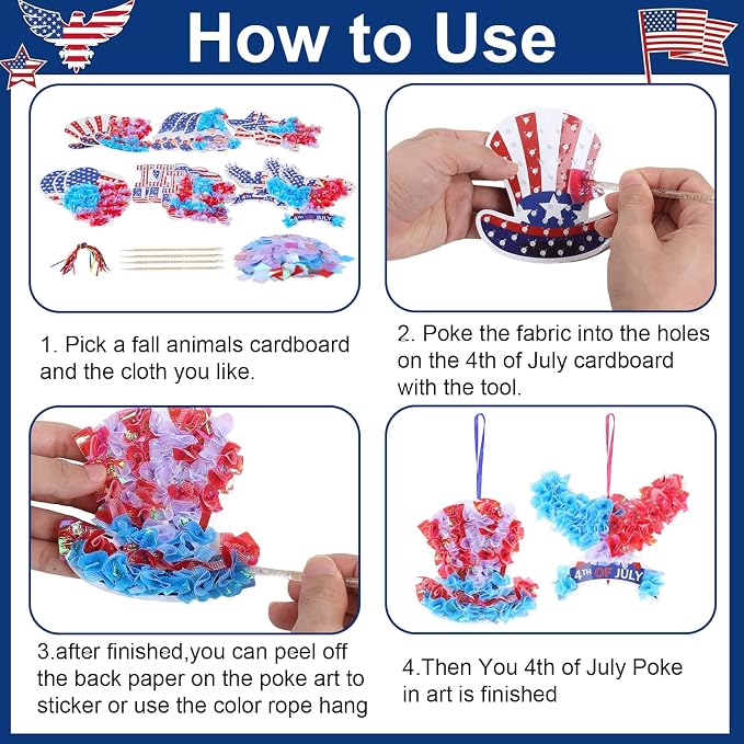 Fennoral 24 Pack 4th of July Craft Kit for Kids | Make You Own Patriotic Poke in Art DIY for 250th Anniversary of USA Independence Day Classroom Activities Party Decoration