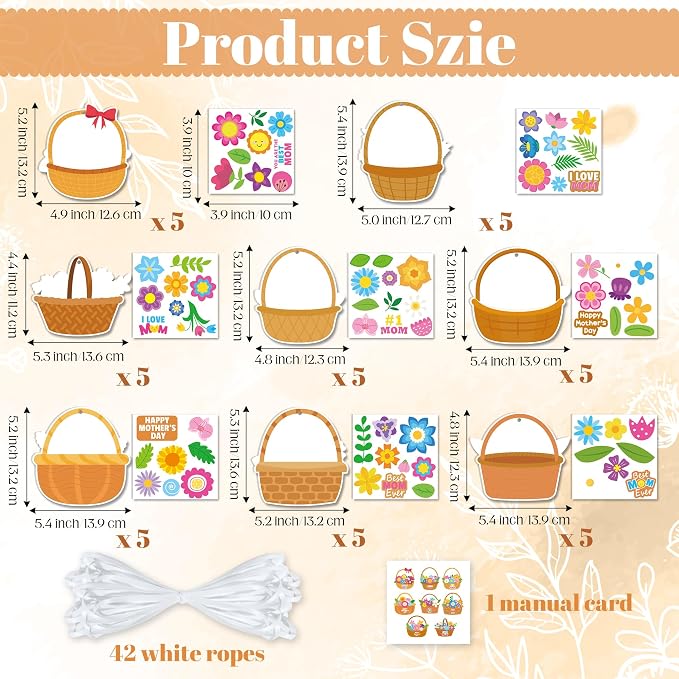 BeYumi Mother's Day Craft Kit - 123Pcs Mother's Day Flowers Basket Paper Craft Kit DIY Best Mom Ever Hanging Ornament Make Your Own School Classroom Decoration Home Family Party Art Supplies for Kids