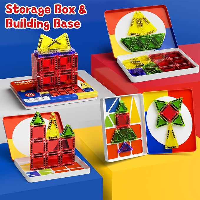 Magnetic Tiles Travel Essentials for Toddlers: 26PCS Storage Case Included | Portable Building Blocks & Car Ride Activities for Ages 3-5 & On-the-Go STEM Learning Gift for Boys & Girls