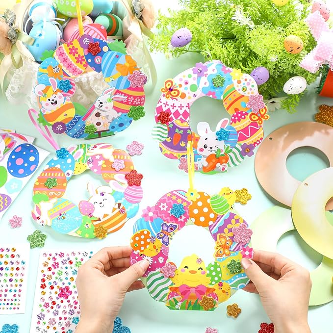 Hollowfly 48 Sets Easter Wreath Craft Kits, 8 Paper Designs with Stickers | Chick, Egg and Floral Themes, 5.9 in Hanging Ornaments, Sticker Crafts for Home Activities and Easter Parties