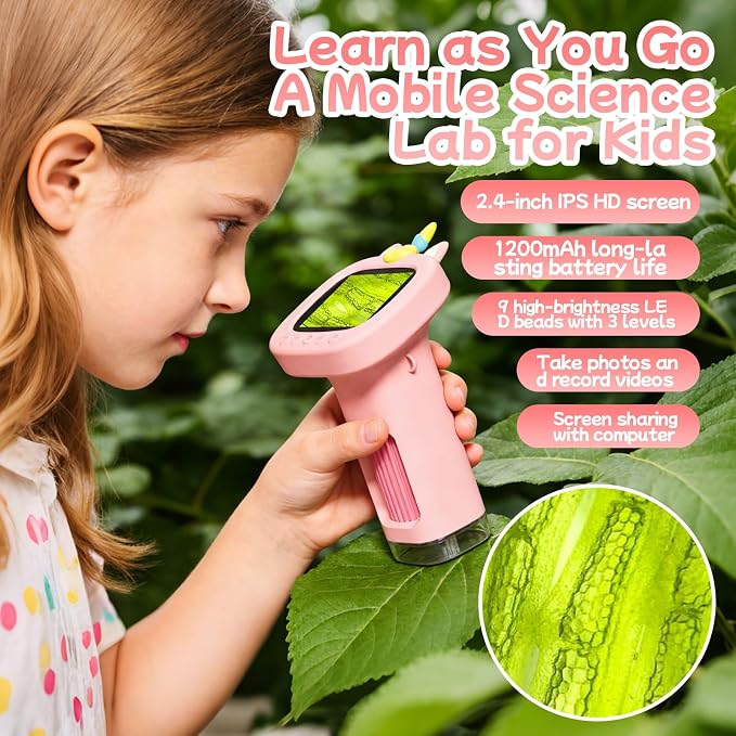 Microscope for Kids, Digital Handheld Kids Microscope with 10 Slides, Photo and Video Mini Portable Pocket Miniscope Science Toys Gifts for 3-12 Age Year Old Boys Girls (Pink)