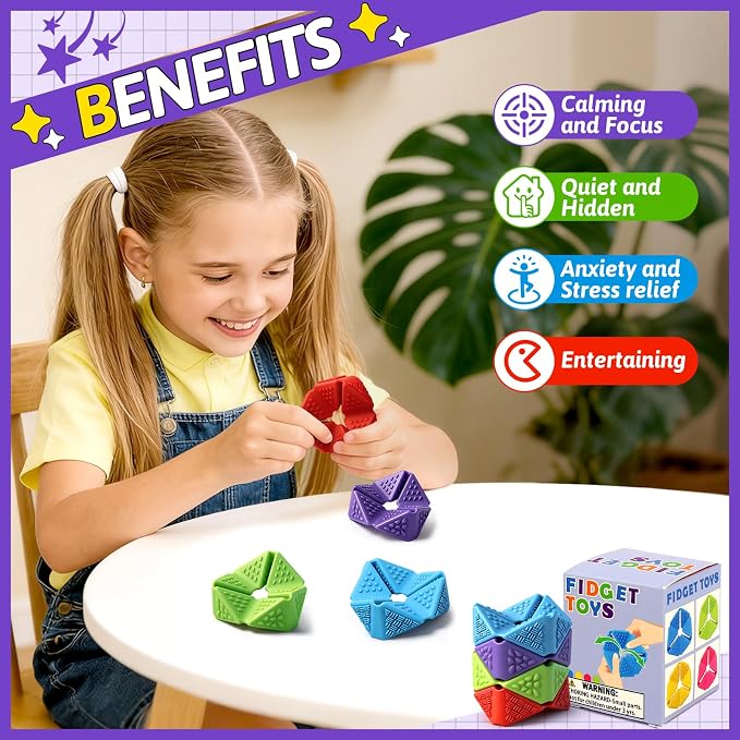 4PCS Sensory Flip Cube Fidget Toys, Quiet Fidget Toy for Kids & Adults | Hexagonal Silicone Sensory Toys for Teens,ADHD,Classroom Prizes,Office Desk Fidgets,Travel Toys,Party Favors,and Gift Ideas