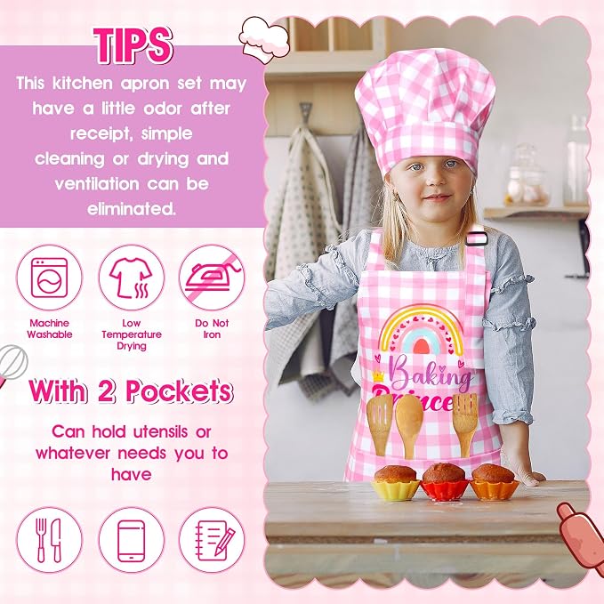 R HORSE 2 Pieces Kid Apron and Chef Hat Set, Children Role Play Chef Toy | Coquettish Pink Baking Princess Adjustable Kitchen Apron for Girl, Ideal for Cooking, Baking, Painting, Cooking Birthday Gift